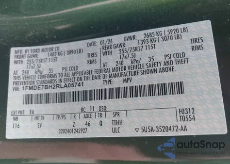 2024 Ford Bronco Big Bend из США, поврежденный, VIN 1FMDE7BH2RLA05741